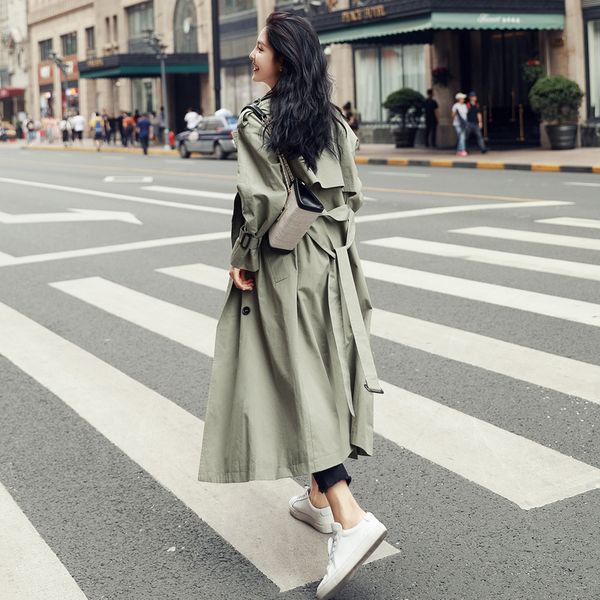 

british england style double-breasted long women trench coat belted with flaps spring autumn lady windbreaker duster coat female, Tan;black