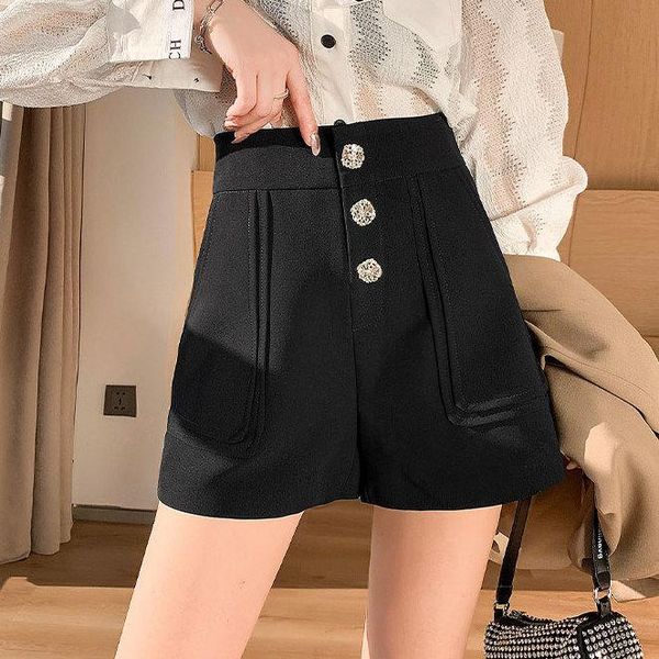 

women's shorts spring autumn high waist double breasted chic diamond button solid color wide leg lady streetwear short pants, White;black
