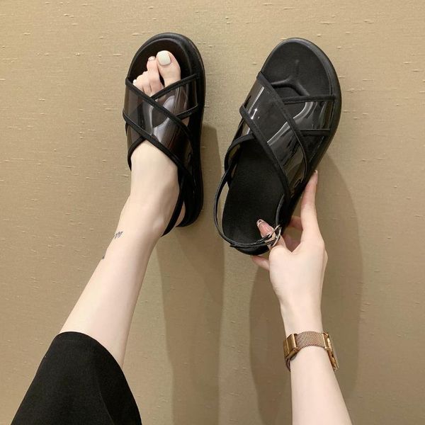 

sandals 2021 summer korean version of wild fashion simple one-word buckle women's casual comfortable soft sole flat shoes, Black