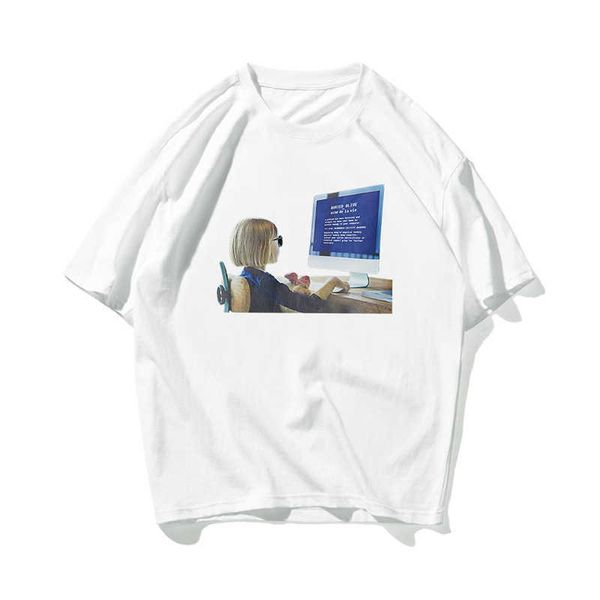 

computer girl hip hop oversize t shirt men streetwear korean tshirt short sleeve cotton loose hiphop t-shirt couple summer 210603, White;black