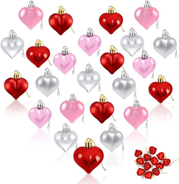 

24 pcs heart ornaments, 2021 valentine's day decor, heart decorations, red pink sliver heart shaped bulk hanging ornaments