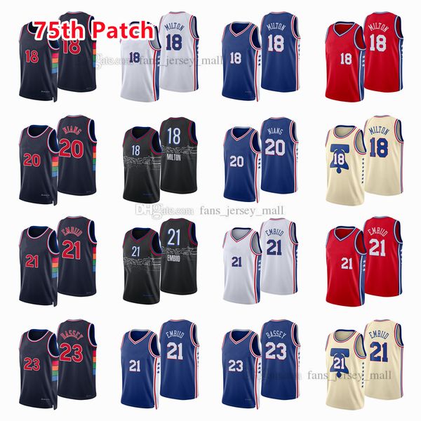 

printed 75th patch city basketball jerseys shake 18 milton joel 21 embiid georges 20 niang charles 23 bassey jersey color white red blue bla, Black;red