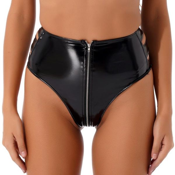 

women's panties womens lingerie glossy ruched back bottoms underwear high waist zipper front hollow out patent leather underpants, Black;pink