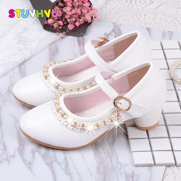 

est princess kids leather shoes for girls high heels beaded children dance party wedding pink white flat, Black;grey
