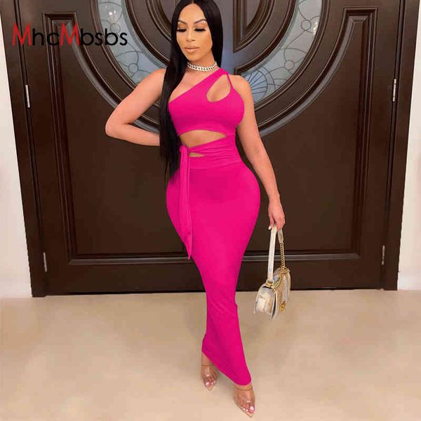 

two piece dress 2 sets women hollow out bandage one shoulder bowknot camisole summer bodycon maxi skirt club beach party, White