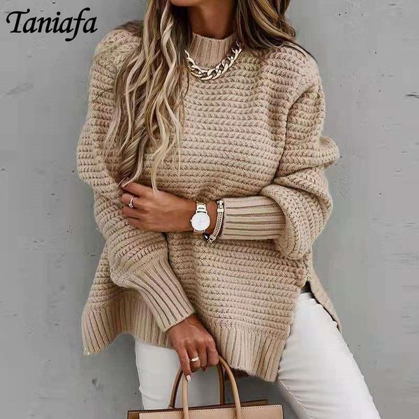

women's sweaters women long sleeve sweater autumn winter solid color pullover casual knitting round neck hem slit, White;black