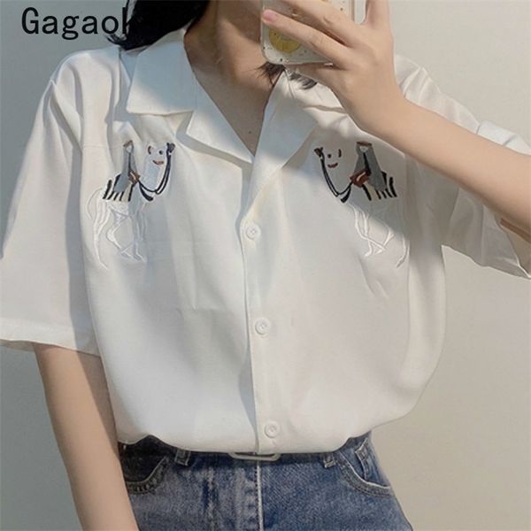 

women blouses spring autumn lapel cartoon embroidery loose shirts casual korean fashion harajuku wild 210531, White