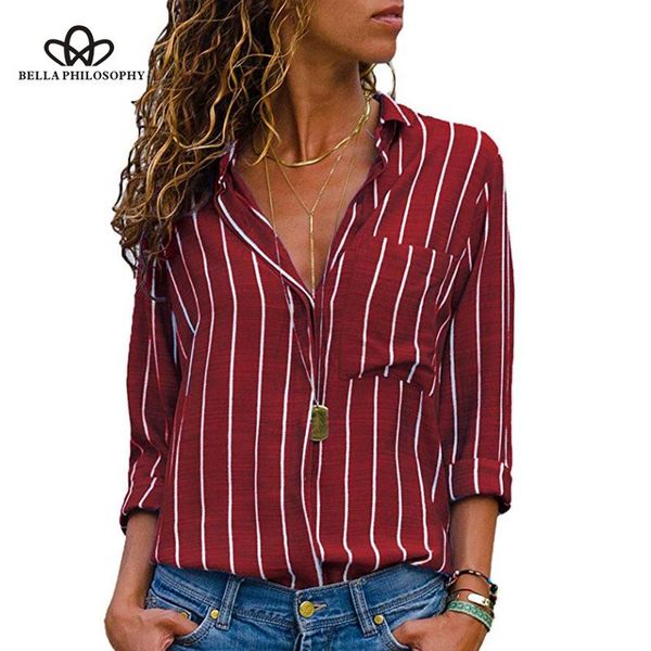 

herstory autumn casual striped v-neck women blouse long sleeve plus size lady shirt blusas vintage chemise femme women's blouses & shi, White