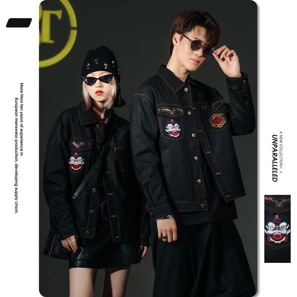 

chine style national fashion embroidery et autumn new fashion brand jeans lapel work cloth cardigan men's coat, Black;brown