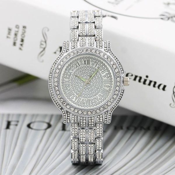 

full diamond ladies watches luxury shiny stainless steel bracelet wrist for women roman numerals quartz clock female wristwatches, Slivery;brown