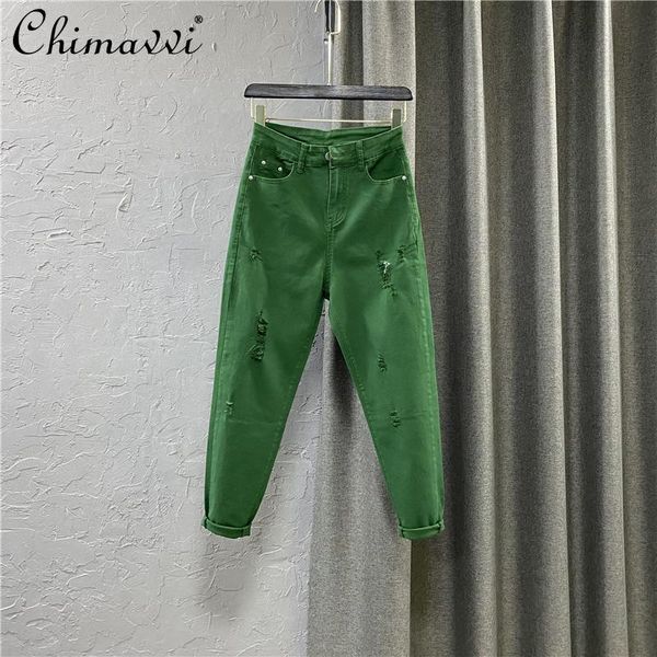 

women's jeans denim harem baggy pants for women 2021 spring and summer green ripped daddy trousers female loose casual, Blue