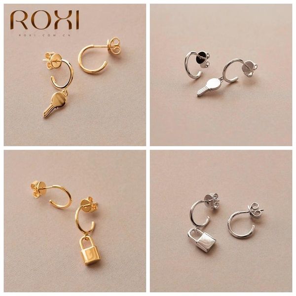 

glossy key lock stud earrings for women girls wedding piercing drop 925 sterling silver jewelry c shape earring, Golden;silver