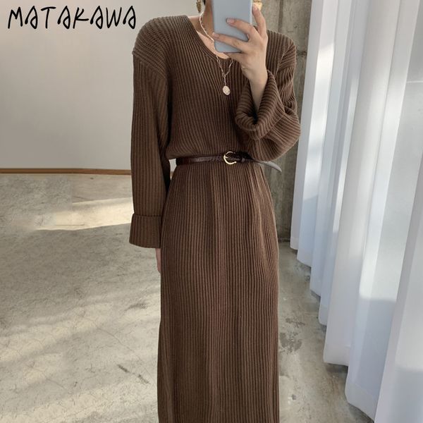 

french v-neck woman dress korean chic loose casual robe autumn and winter long base sweater dresses women 210506, Black;gray