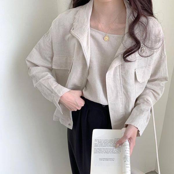 

women's jackets women spring autumn linen oversize short jacket coat 2021 stand collar zipper outwear drawstring coats drop, Black;brown