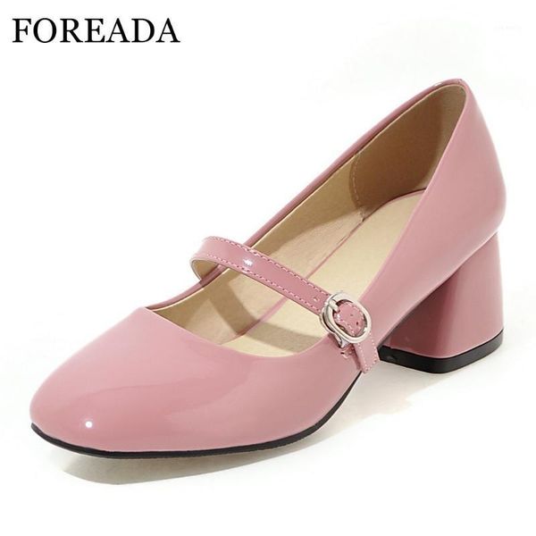 

dress shoes foreada mary janes women high heels patent leather med heel pumps buckle square toe female pink big size 33-431, Black