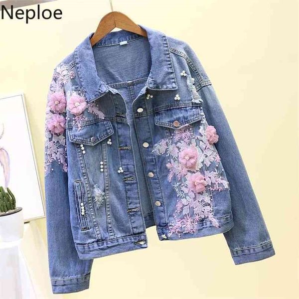 NEPLOE primavera outono jaqueta jaqueta coreano bordado 3d flores buraco cowboy Outerwear Causal mulheres demin casaco 4D490 210914