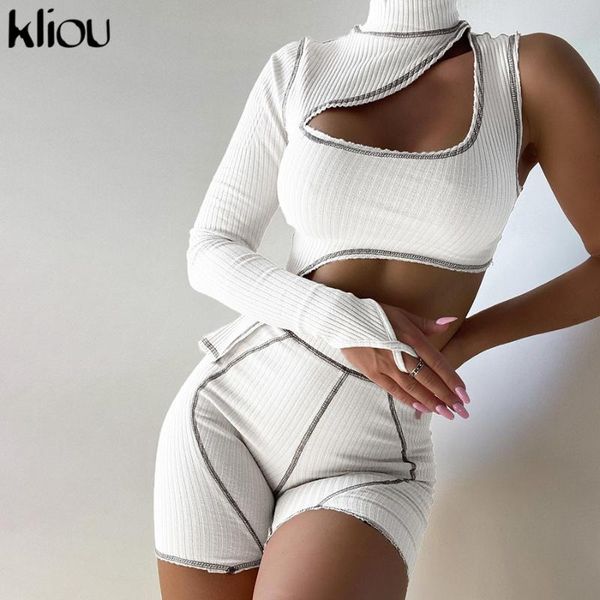 

women's tracksuits kliou asymmetrical knitted two piece set women irregular hollow out bright line decoration one-shoulder long sleeve, Gray