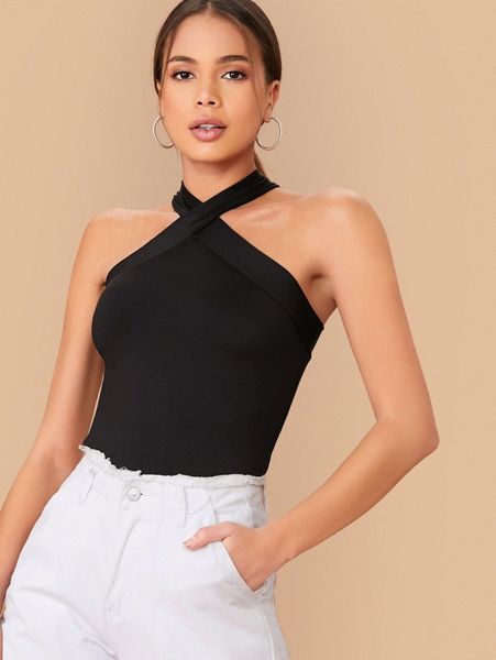 

form-fitting crisscross halter r5lp#, White