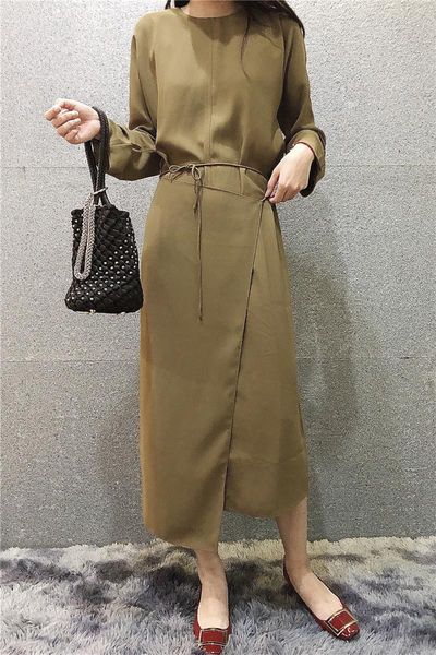 

casual dresses women dress elegant round neck hem half wrap, Black;gray