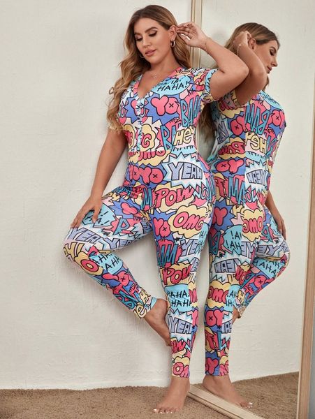 

plus allover letter graphic sleep jumpsuit q9af#, Black;white