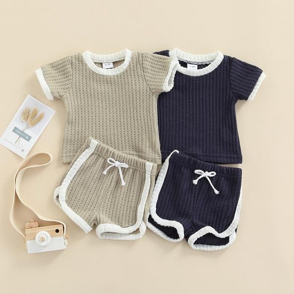 

clothing sets born baby 2pcs tracksuit casual infant solid color ribbed short sleeve + tie up shorts for toddler boys girls, White