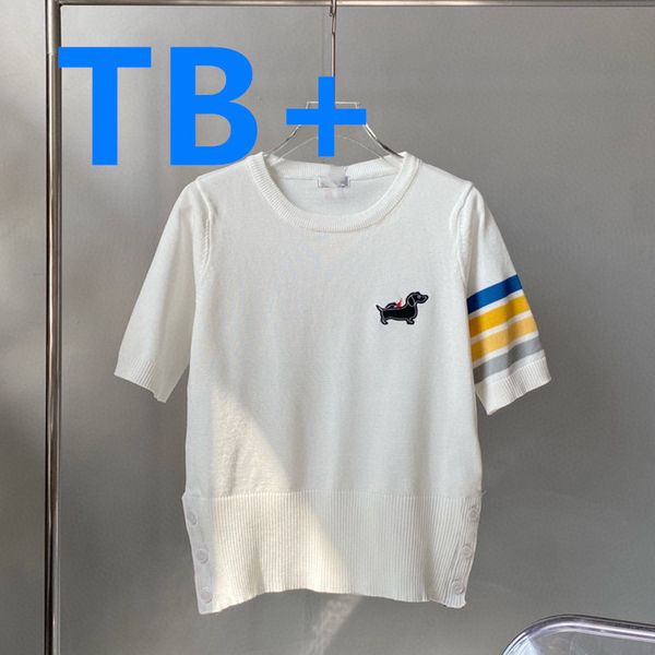 

luxury design family spring and summer four bar version simple slim women's round neck short sleeve knitted t-shirt, White