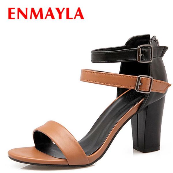 

sandals square heel buckle strappy women mixed colors high heels female brown white concise office lady shoes, Black