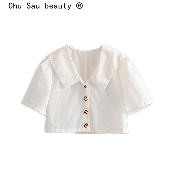 

chu sau beauty sweet chic big turn-down collar crop women england style metal button short blouses vestidos de mode 210508, White