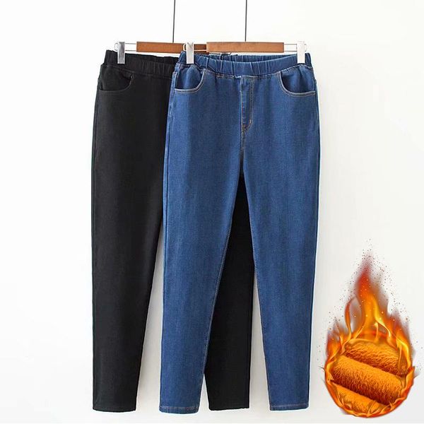 

women's jeans women winter warm high waist elastic belt mom plus velvet slim skinny pencil pants size 5xl, Blue