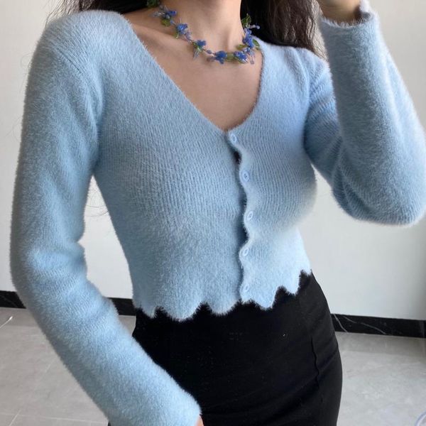 

women's knits & tees womengaga v-neck long sleeve wavy edge short knitting sweater korean fashion women clothing solid color slim fuzzy, White