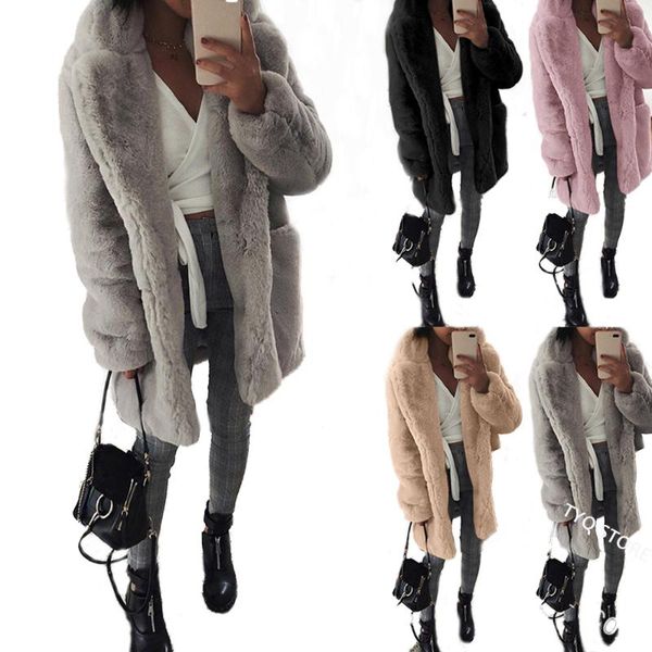 

women's wool & blends australian warm winter clothes for women 2021 solid color thick coat turn down collar long faux fur jacket cardig, Black