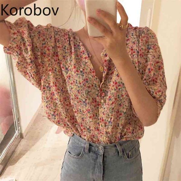 

korobov korean flower print elegant vintage women shirts casual v-neck half sleeve female shirts new chiffon blusas femme 210430, White