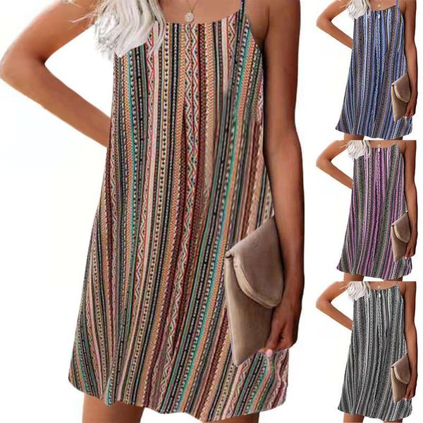 

casual dresses women spaghetti strap female high street slash neck dress summer beach lady striped print mini, Black;gray