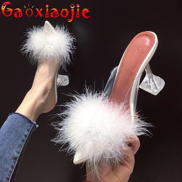 

sandals large size glass crystal heel summer women fashion open toe thin slipper fur ankle hairs slides slippers, Black