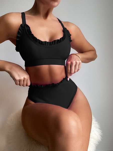 

bla and purple high waist ruffle bikini setby air