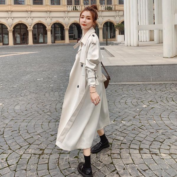 

women's trench coats brand fashion women coat beige long double-breasted with belt spring autumn lady duster female outerwear quality, Tan;black