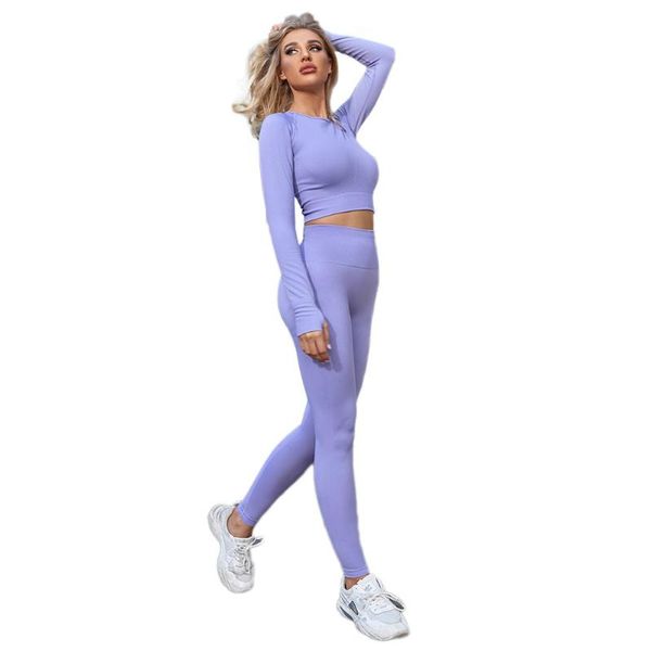 

women's clothing pure color knitted long-sleeved yoga set sports two-piece suit black fitness leggings conjunto deportivo mujer outfit