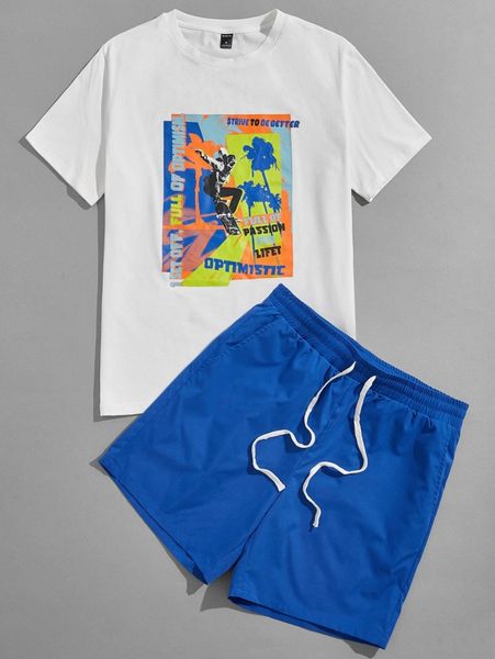 

men figure & letter graphic tee and shorts set m4fy#, Gray