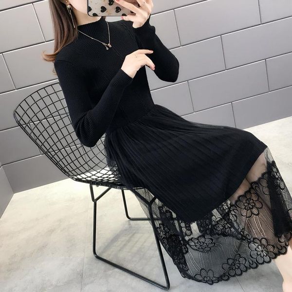 

women's sweaters 4870g area 1 left] - real s half high collar vertical stripes, ramie and lace spliced wool dress 70, White;black