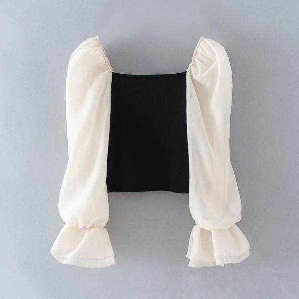 

women's blouses & shirts women elegant organza puff sleeve patchwork knitted casual smock blouse ladies chic square collar feminina shi, White