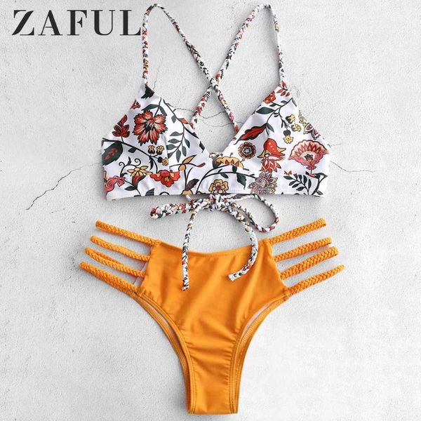 

bikini flower braided lace up set spaghetti straps wire swim suit women summer bohemian floral swimwear women's two piece pants, White