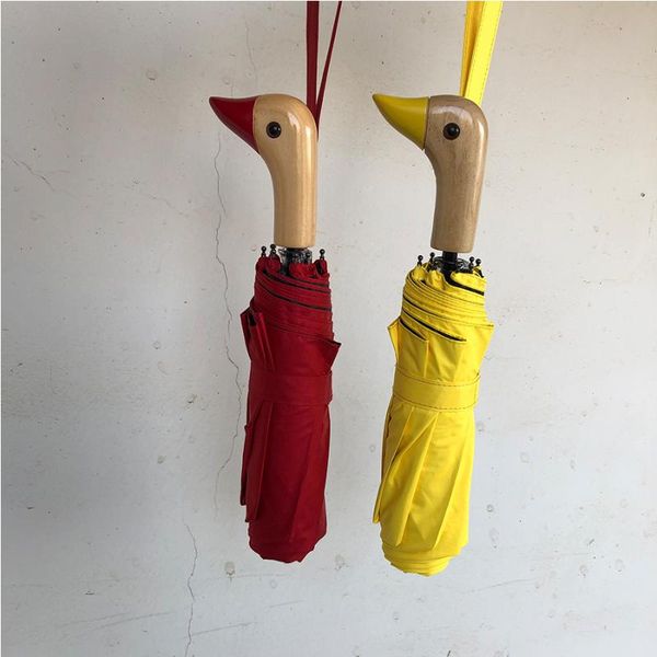 

umbrellas sun umbrella cute duck head wood handle folding windproof black coating uv protection women rain