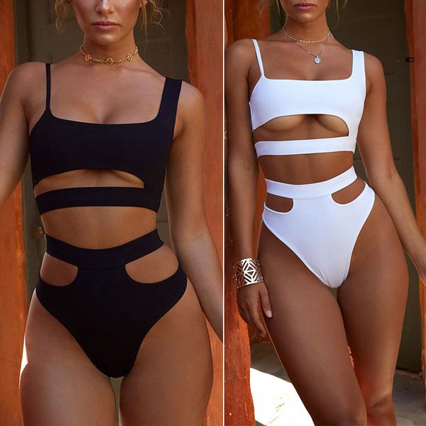 

bikini split swimsuit cut out, Black;white