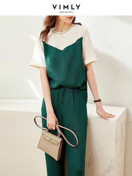 

women's two piece pants vimly summer women set fashion patchwork oneck tshirts high waist wide leg casual loose pant sets f7989, White