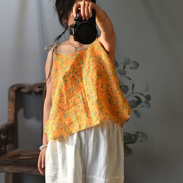 

johnature women vintage ramie camis print floral summer sleeveless casual women clothing loose camis 210521, White