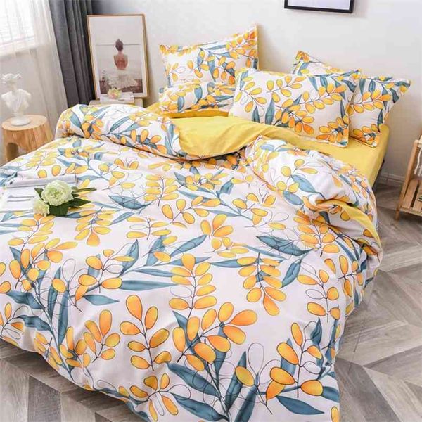 Çiçek yatak seti 4 adet düz levha + nevresim şeftali papatya yatak çarşaf yastık kılıfı pastoral tarzı yatak örtüsü yeşil sonbahar 210831