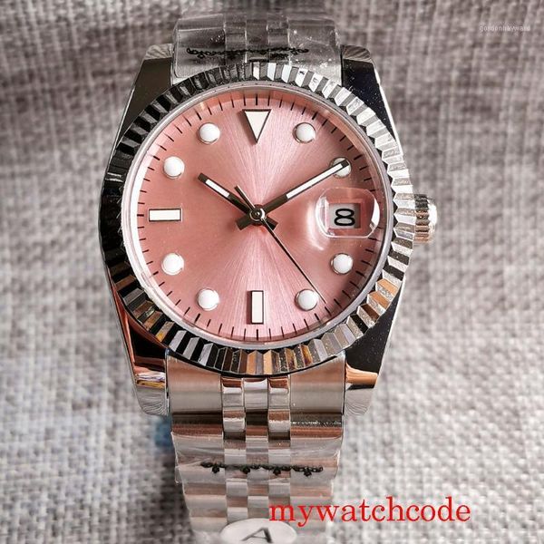

wristwatches 36mm 21 jewels miyota 8215 nh35a movement men watch sapphire crystal black dial oyster bracelet glass pink luminous mark, Slivery;brown