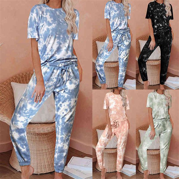 

women's tracksuits tie dye tracksuit women two piece set summer clothes short sleeve pullover and pants sweat suit female loun, Gray