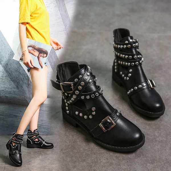 

trendy round head fashion metal rivet belt buckle martin boot's boots, Black
