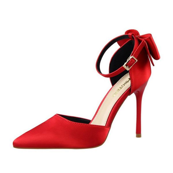 

dress shoes ladies stilettos with bows on the back sweet shallow mouth pointed silk temperament hollow heel fashion sandals, Black